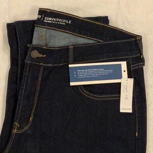Dark wash, curvy, mid-rise boot cut jeans. Size 16 Tall